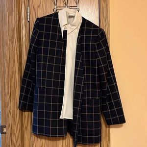 Navy with tan stripe jacket and skirt suit set. Petite. Size 8/10.